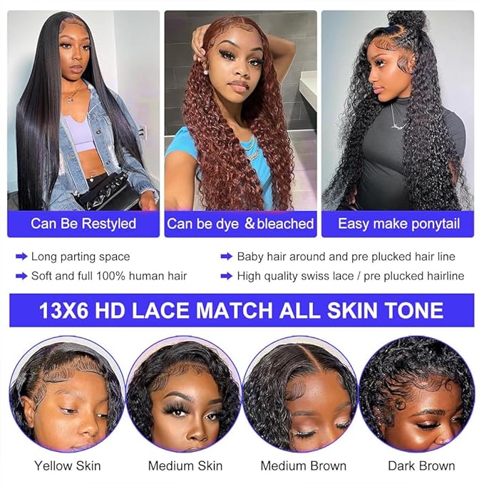 Oxcart Deep Wave Lace Front Wigs Human Hair 30 Inch 200 Density 13x6 HD Lace Frontal Wigs Pre Plucked Glueless Brazilian Virgin Human Wig with Baby Hair Deep Wave Wigs for Women Natural Black
