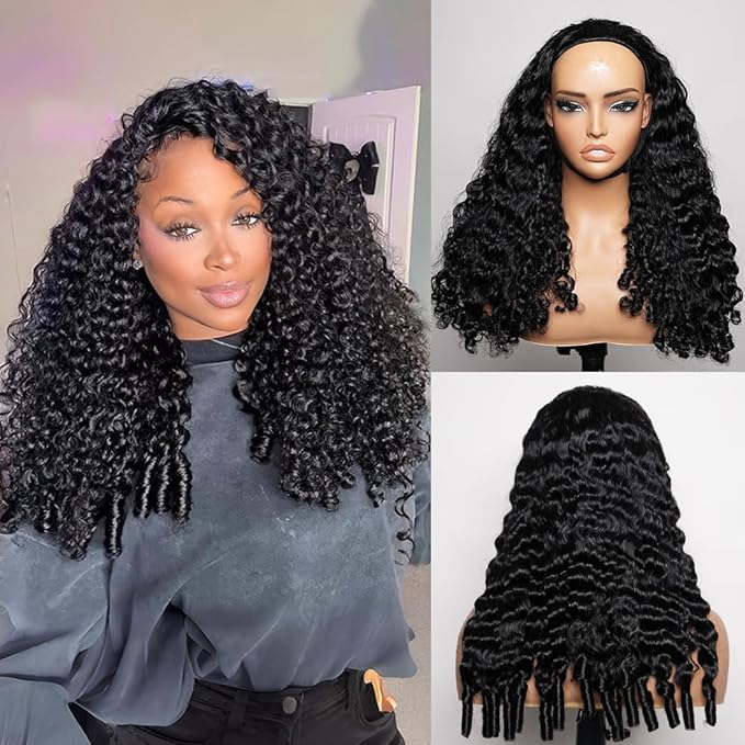 Burmese Curly Half Wig Human Hair 200 Density 3 In 1 Seamless Flip Over Half Wigs Human Hair Glueless Wear and Go Beginner Friendly Curly Wig Human Hair Drawstring Headband Wig for Women 20Inch