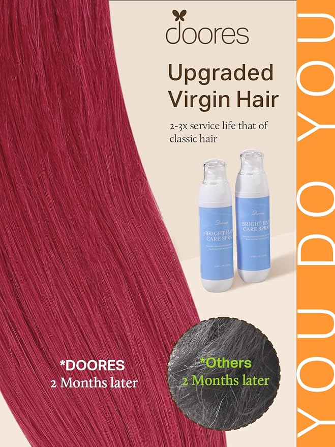 DOORES Human Hair Extensions Tape in Hair, Burgundy Red Tape in Hair Extensions, Human Hair Straight, 30g 10pcs 22 Inch, Burgundy Red