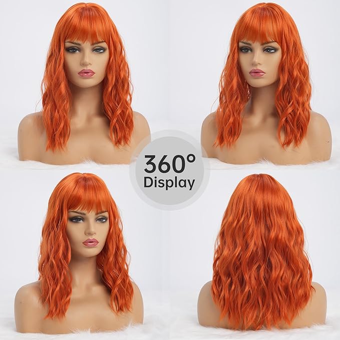 Orange Wigs with Bangs for Women Synthetic 16 inch Medium Length Wigs with Natural Long Wavy Fringe Bang wig Heat Resistant Hair for Daily Party Use(Orange)