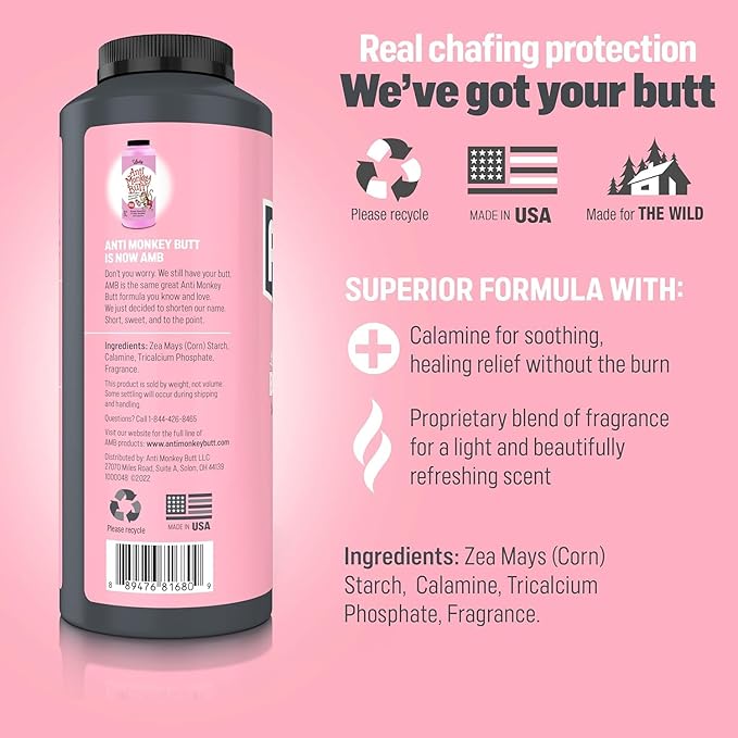 Anti Monkey Butt Body Powder for Women - Talc-Free, Sweat-Absorbing, Anti-Chafing Powder with Calamine - Hypoallergenic Formula - 8 oz - Pack of 2