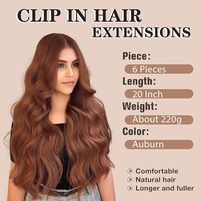 NAYOO Clip in Hair Extensions for Women 20 Inch Long Wavy Curly Auburn Hairpieces Full Head Synthetic Hair Hairpieces(6PCS,Auburn)