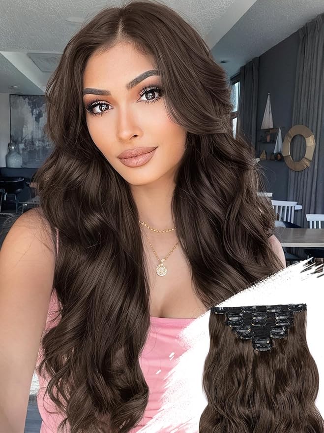 KooKaStyle Clip in Hair Extensions for Women with Thinning Hair，7PCS 20 Inch Thick Long Wavy Hair Extensions Clip Ins，Chocolate Brown with Dark Brown Synthetic Hairpiece for Daily Use Voluminous Look