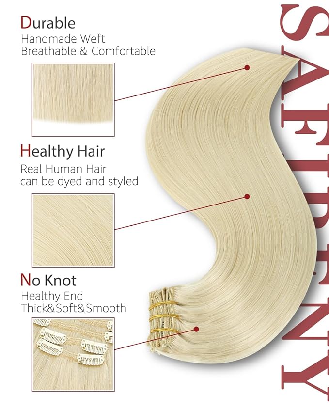 Clip in Hair Extensions Real Human Hair By 22 inch, Color Blonde Human Hair Clip in Extensions 120grams,6pcs Per Set With 18 Clips Double Weft(#60,22'')