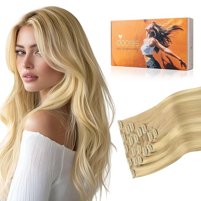 DOORES Clip in Human Hair Extensions, Dirty Blonde Mixed Platinum Blonde 120g 7pcs 18 Inch, Real Natural Straight Thick Hair Extensions