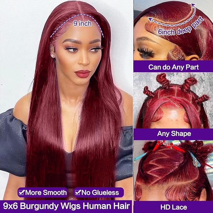 CHEETAHBEAUTY 9x6 Glueless Wigs Human Hair Pre Plucked Pre Cut 22 Inch Straight 99j Burgundy Lace Front Wigs Human Hair for Women 9x6 HD Lace Glueless Wig with Elastic Drawstring 220% Density