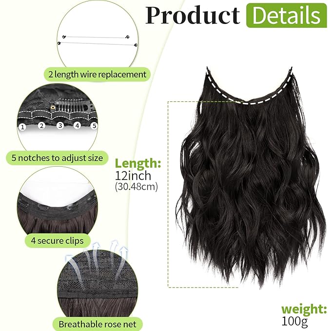 KooKaStyle Invisible Wire Hair Extensions with Transparent Headband Adjustable Size 4 Secure Clips Long Wavy Synthetic Hairpiece Rich Dark Brown with Warm Tones/6# for Women(12 Inch)
