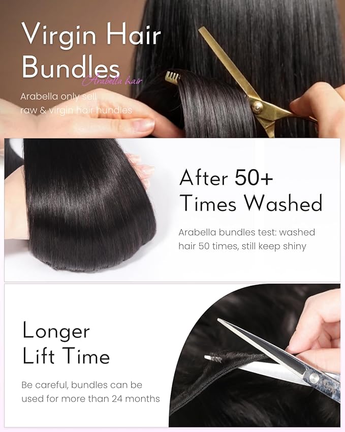 Arabella 3 Straight Bundles Human Hair 18 20 22 Inch Natural Black Hair Bundles 100% Unprocessed Brazilian Virgin Hair 10A Weave Sew in Double Weft Bundles Human Hair