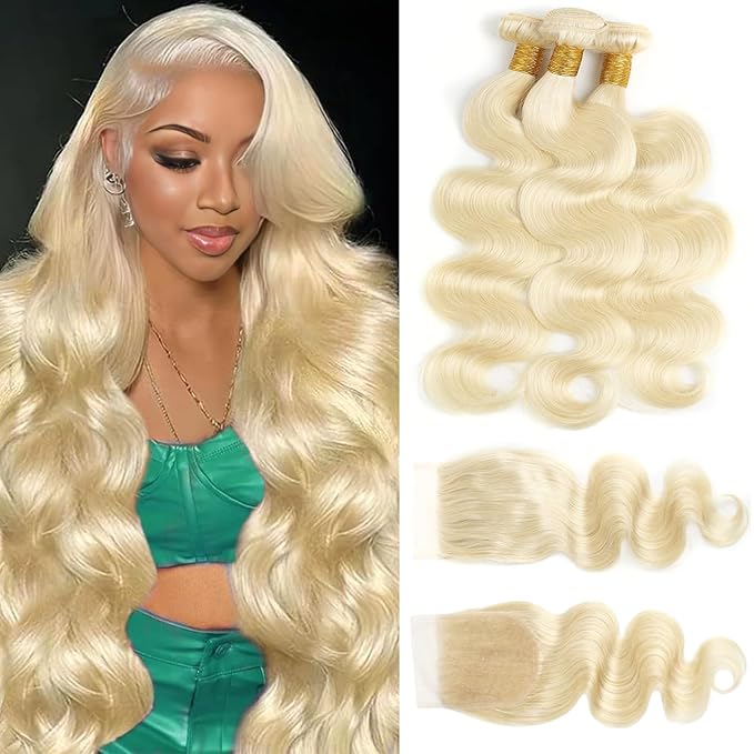 613 Bundles Human Hair with Closure 20 22 24 + 18 inch Blonde Body Wave Human Hair 3 Bundles with 4x4 Transaprent Lace Closure 100% Unprocessed Virgin Human Hair Weave Extensions with Closure
