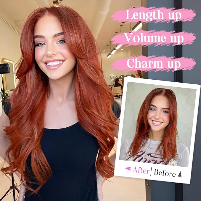 Invisible Wire Hair Extensions Layered Long Wavy Hairpiece for Women Transparent Wire Adjustable Size 6 Secure Clips Invisible Headband Hair Extension Auburn Color 20 Inch