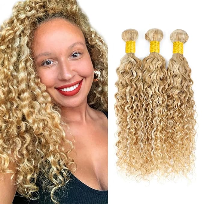 26 28 30 inch WuvuSnm 613 Bundle Blonde Water Wave Bundles P27/613 Human Hair 3 Bundles Two Tone Hair Weave Bundle 300g