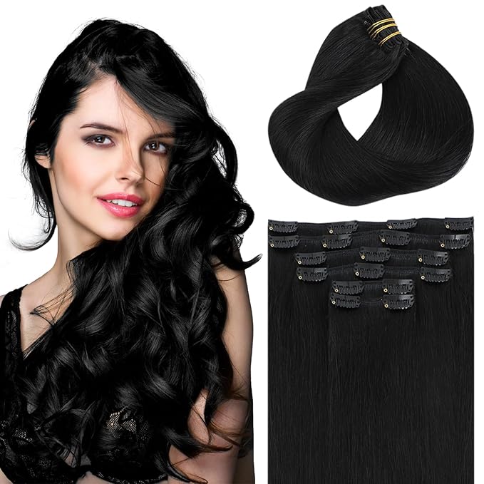 Clip in Hair Extensions Real Human Hair, 16 Inch 100g, #1 Jet Black, Natural Straight Clip On Hair Extensions 6pcs Per Set With 18 Clips Double Drawn(#1,16'')