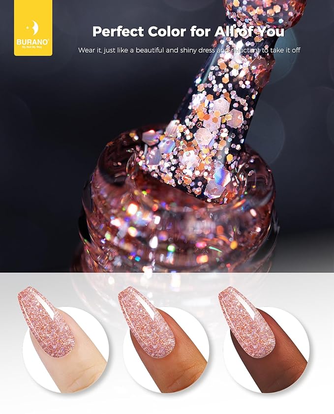 BURANO Glitter Nail Polish, LED UV Shimmer Holographic Effect Soak Off, No Chip Sparkle Gel for Home DIY Nail Salon (Sparkly LP16)
