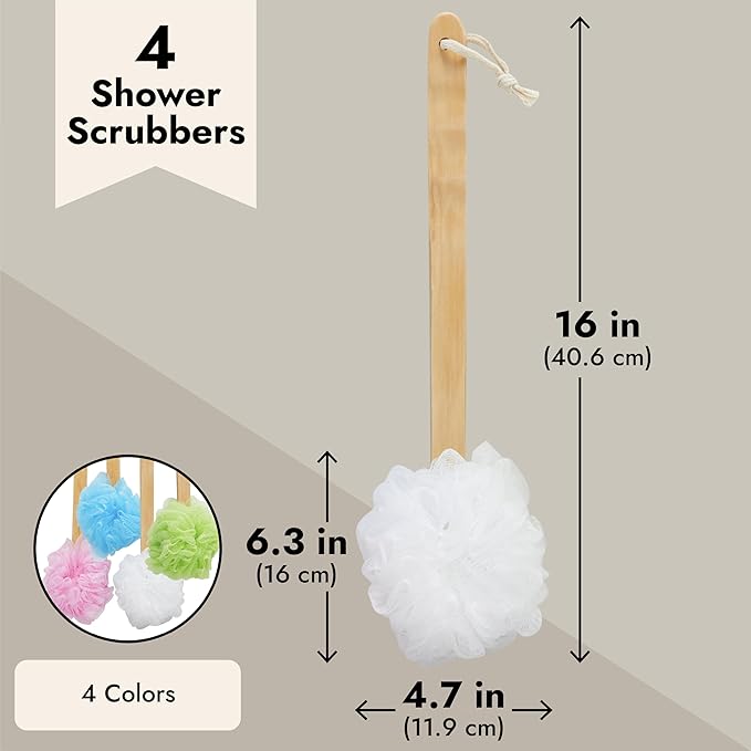 Juvale Loofah Back Scrubber for Shower - 4 Pack, Assorted Colors, 16 in - Loofah with Handle - Body Scrubber & Shower Brush with Long Handle