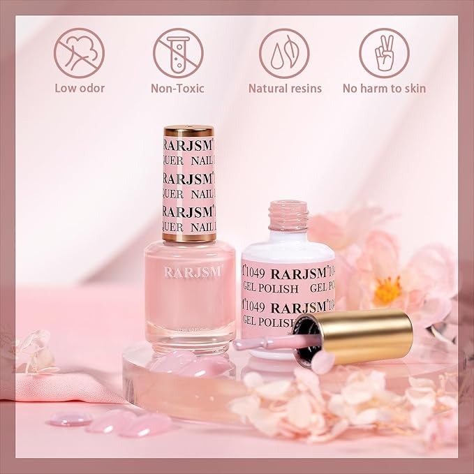 RARJSM Light Pink Nude Gel Nail Polish 2pcs Set,Gel and Lacquer Combo,Light Pink Air Dry Nail Lacquer and Nude Pink Gel Polish LED UV Curing Requires French Manicure DIY Nail Art Home Salon 15ml