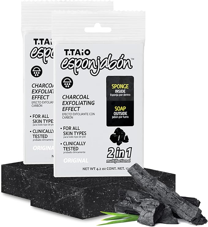 T.Taio Esponjabon Charcoal Soap Sponge - Cleansing Shower Scrubber - Cleaning Bath Wash Scrub - Oil Removal - Massage & Lather Foot, Elbow, & Face - Bathroom Accessories - Charcoal - 2 Pack