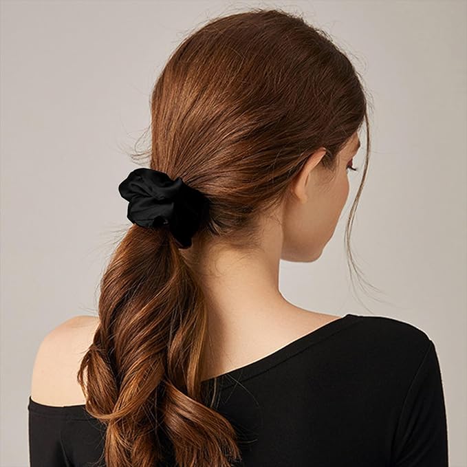 THXSILK Pure Mulberry Silk Scrunchies - Cute Ring Hair Ties for Women with Thick Hair, Black