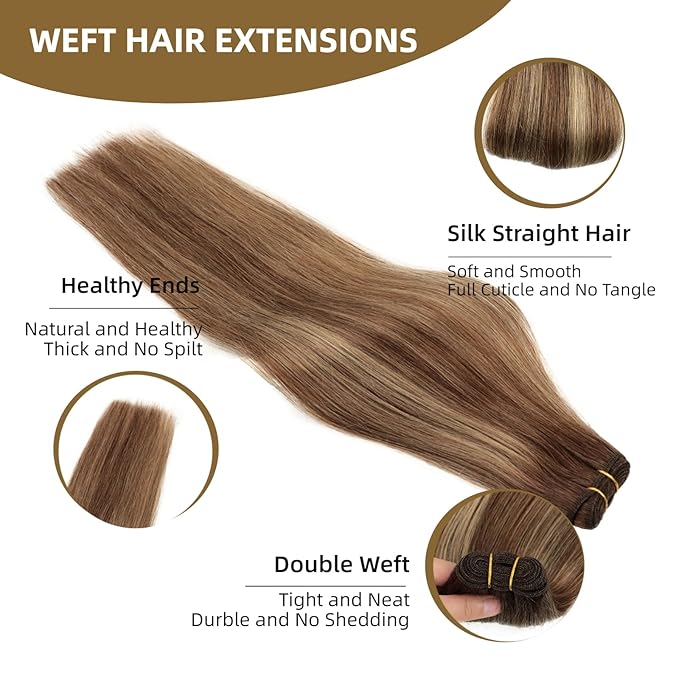 Sew in Hair Extensions Real Human Hair, 110g 16 inch Ombre Color 4/27/4 Balayage Chocolate Brown to Caramel Blonde Double Weft Weave Bundles Remy Human Hair Extensions Straight