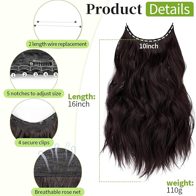 KooKaStyle Invisible Wire Hair Extensions with Transparent Headband Adjustable Size 4 Secure Clips Long Wavy Hairpiece 16 Inch Reddish Chocolate Brown for Women