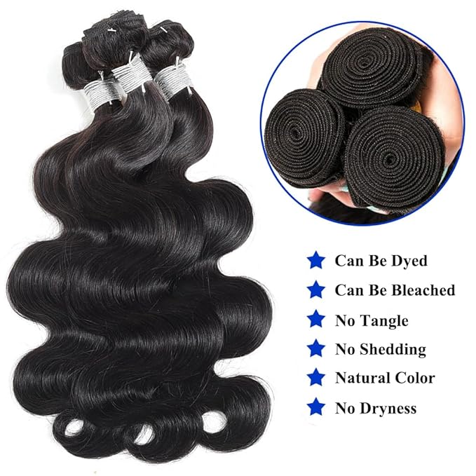 Body Wave Bundles Human Hair 20 22 24 Inch 3 Bundles Natural Color Brazilian Virgin Hair Weave 12A 100% Unprocessed Real Human Hair Extensions For Women