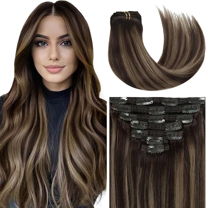 Caliee Clip in Hair Extensions Human Hair 7Pcs Double Weft Lace Hair Balayage R2/2/6 Dark Brown Mixed Chestnut Brown Clip in Human Hair Extensions 140G 20 Inch Natural Straight Remy Hair