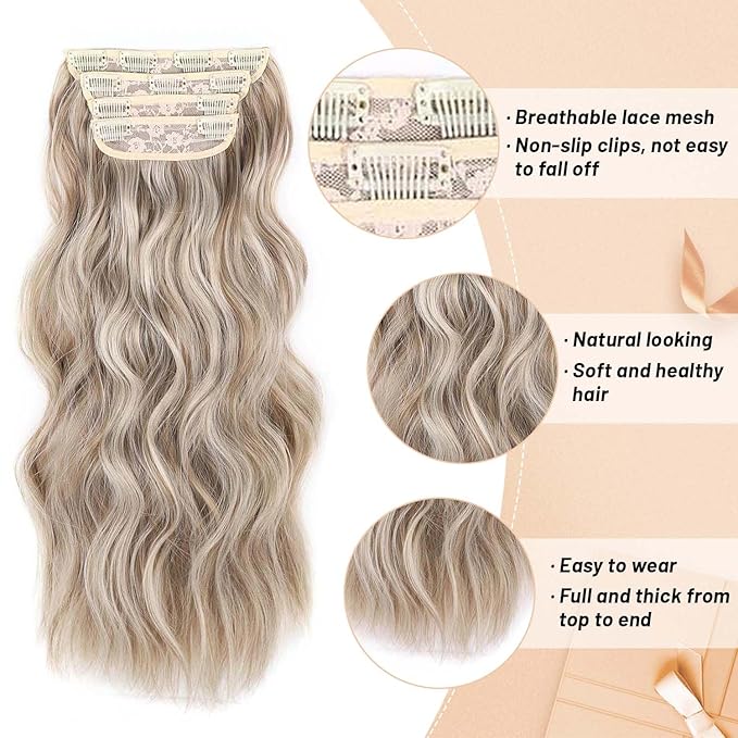 Clip in Hair Extensions for Women Dark Blonde Hair Extensions Synthetic Clip in Long wavy clip in hair extensions 20 inch Double Weft Hairpieces Full Head For Women (20INCH, P88/86)