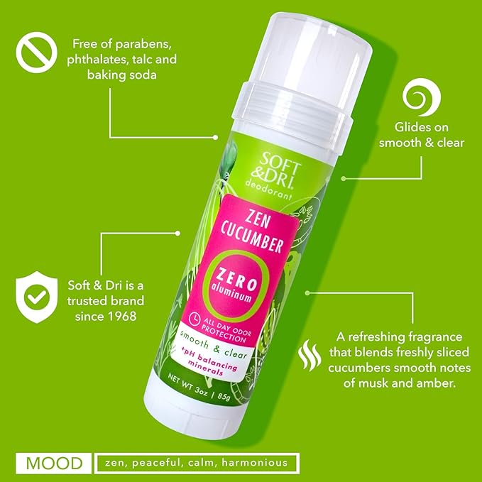 Soft & Dri Zen Cucumber Aluminum Free Deodorant, 3 oz, Smooth and Clear Stick, pH Balancing Minerals, 3 Pack