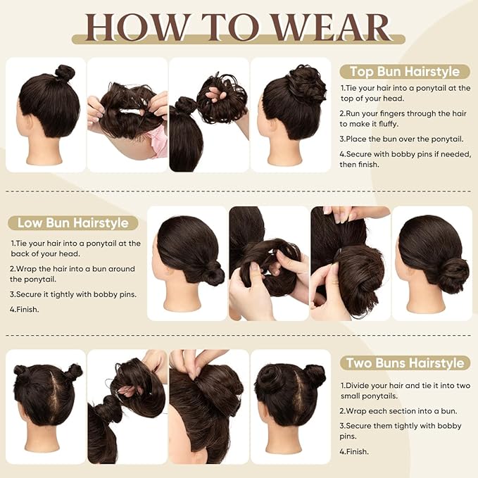 CJL HAIR 2PCs Small Cute Messy Bun Hair Piece for Thin Hair Women Mini Synthetic Curly Bun Scrunchies Updo Hairpieces Dark Chocolate