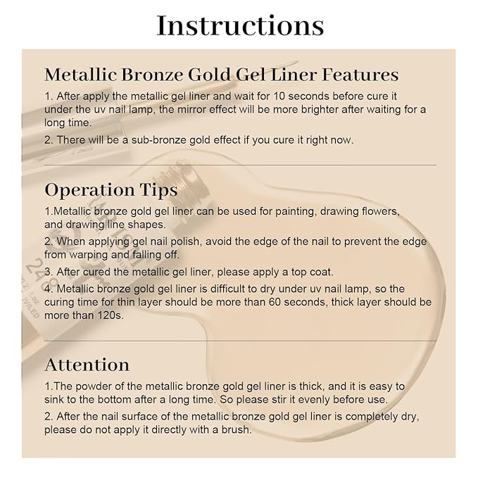 RARJSM Metallic Nail Art Gel Liner Bronze Gold Mirror Chrome 3D Effect Gel Nail Polish 8ml Build in Thin Brush Metal Painted Drawing Striper Painting Gelpolish Soak off Curing Requires for Home Salon