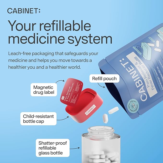 Cabinet: 500mg Acetaminophen for Headache Relief, Toothaches, Sore Throat, and Fever Reducer, Includes 1 Refillable Medicine Jar, 120 Tablets Refillable Glass Jar - w/Travel Tin