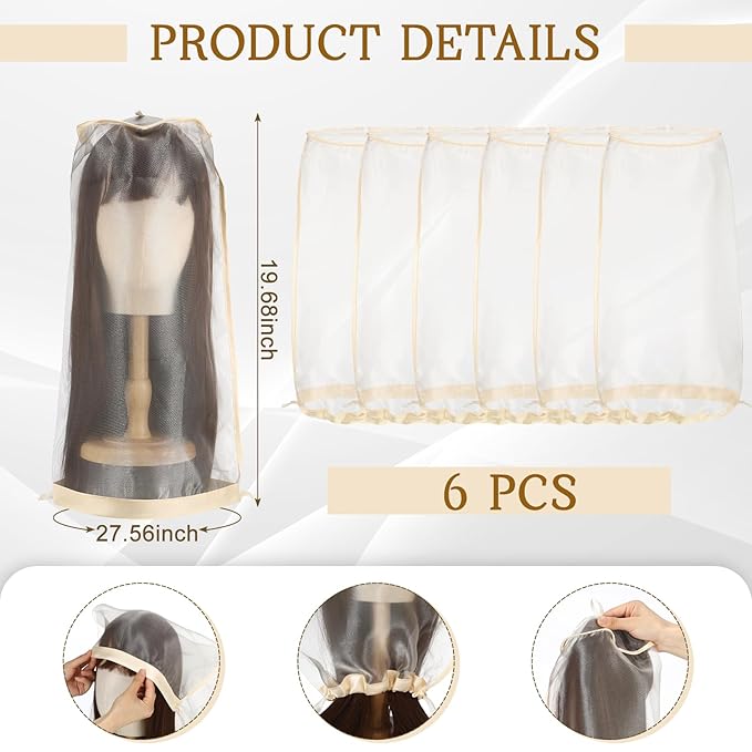 Loopeer 6 Pcs Wig Storage Bags Adjustable Wig Bag with Drawstring Portable Travel Organizer for keep from Dirt Dust(Beige)