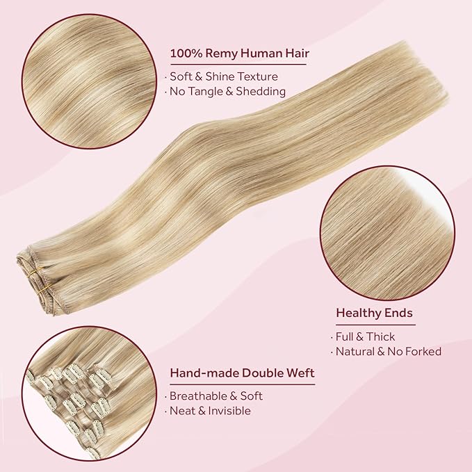 Clip in Hair Extensions Real Human Hair, Silky Remy Hair Extensions Clip Ins, Salon Quality Natural Human Hair, Light Blonde Highlighted Golden Blonde #P16/22 22Inch 120G 7PCS