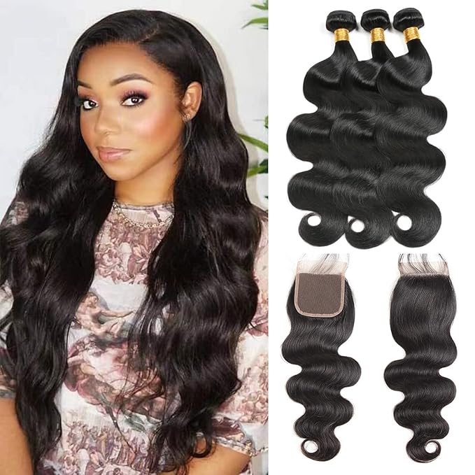 Body Wave Bundles With Lace Closure Brazilian Human Hair Body Wave 3 Bundles With Closure 100% Unprocessed Virgin Human Hair Bundles with 4X4 Free Part Lace Closure