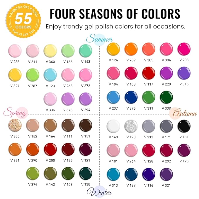 VANREESA 60 Pcs Gel Nail Polish Set 55 Colors Spring Summer Fall Winter Gel Polish with Base Coat Glossy & Matte & Silver & Golden Top Coat Nail Kit Gifts for Women Girls Nail Art Salon at Home