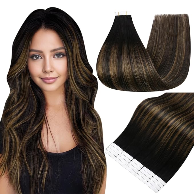 Full Shine Hair Extensions Tape in Color 1B Off Black Ombre 6 Brown Highlight 1B Black 14 Inch Invisible Remy Seamless Tape in Hair Extensions Human Hair 50 Grams 20 PCS Add Volume