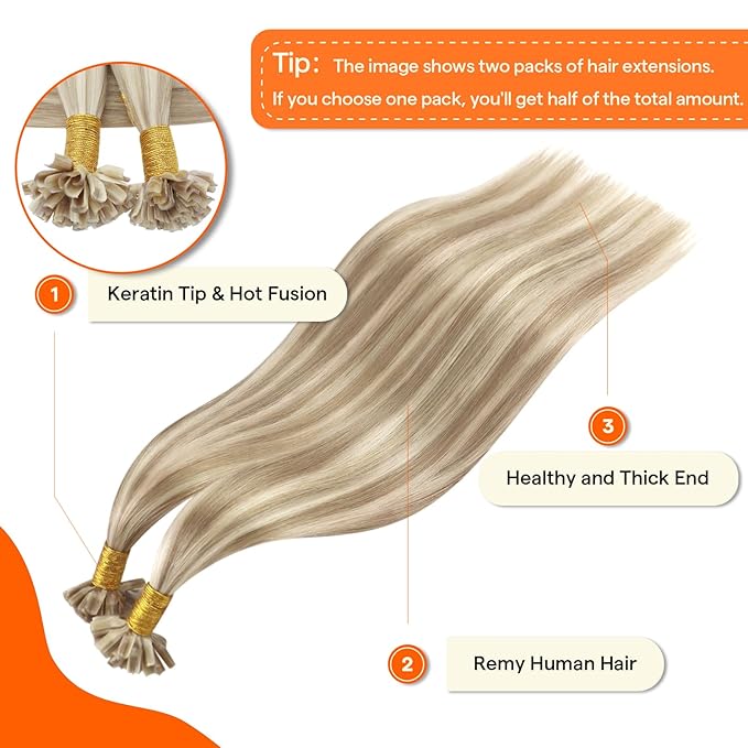 Full Shine U Tip Hair Extensions Blonde Highlighted Ktip Human Hair Extensions 16 Inch Prebonded Keratin Extensions Remy Hair 50 Grams Fusion Extensions for Women