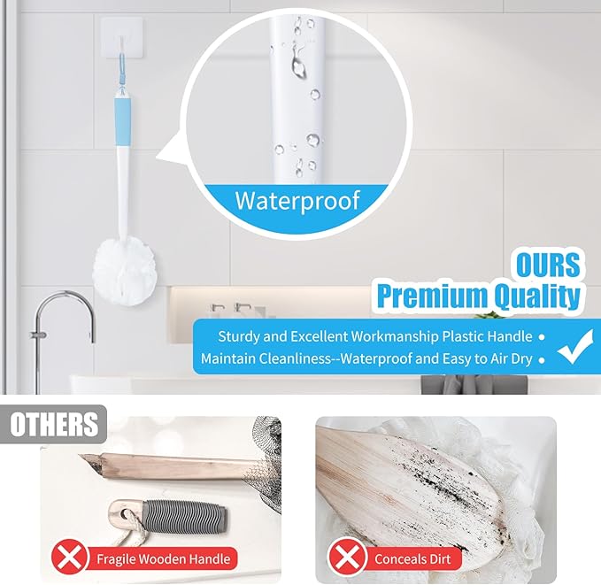 VANZAVANZU Loofah Sponge Set Back Scrubber for Shower, Anti-Slip Plastic 17" Handle Loofah on a Stick with Fluffy Shower Sponge, PE Soft Mesh Shower Loofahs-White with Blue Grip
