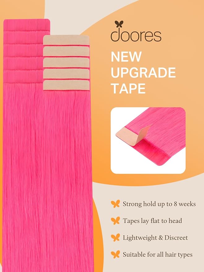 DOORES Tape-in Human Hair Extensions, Hot Pink 22 Inch 30g 10pcs, Remy Straight Hair