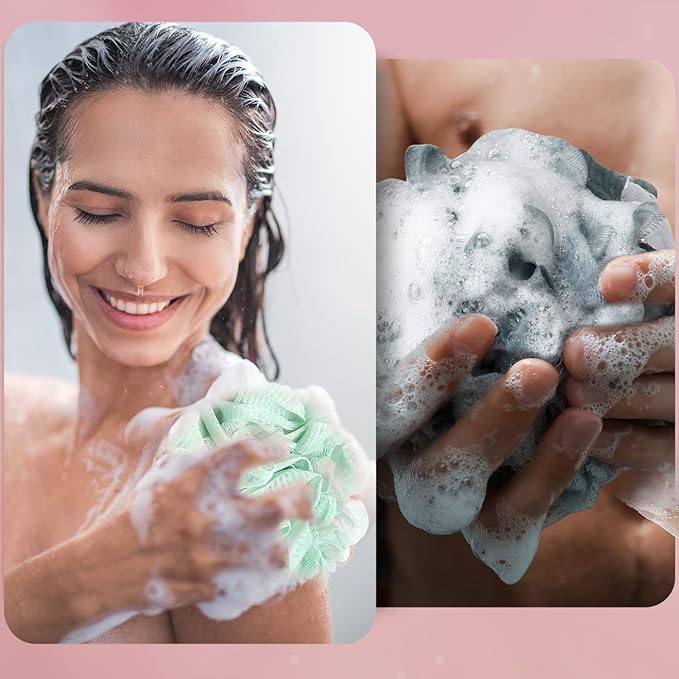 Shellwei 48 Pack Bath Sponge Shower Loofahs Bulk Pack 50g Soft Net Body Scrubber Shower Pouf Sponge Ball Body Exfoliating Bath Scrunchies for Men and Women