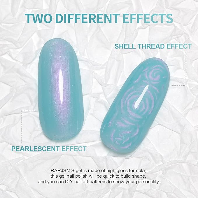 RARJSM Pearl Gel Nail Polish,15ML Lake Blue Pearlescent Gel Polish,Purple Red Shell Glitter Shimmer Mermaid Nail Gel Polish Soak Off LED UV Drawing Swirl Thread Effect for DIY Manicure Use