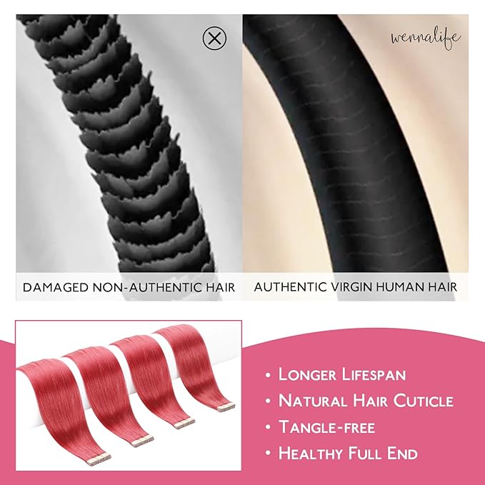 WENNALIFE Tape in Hair Extensions Human Hair Coral Red Tape in Extensions, 10pcs 25g 18 inch Remy Invisible Tape Ins Straight Colored Soft Real Human Hair Tape in Extensions Refill Set Extensions