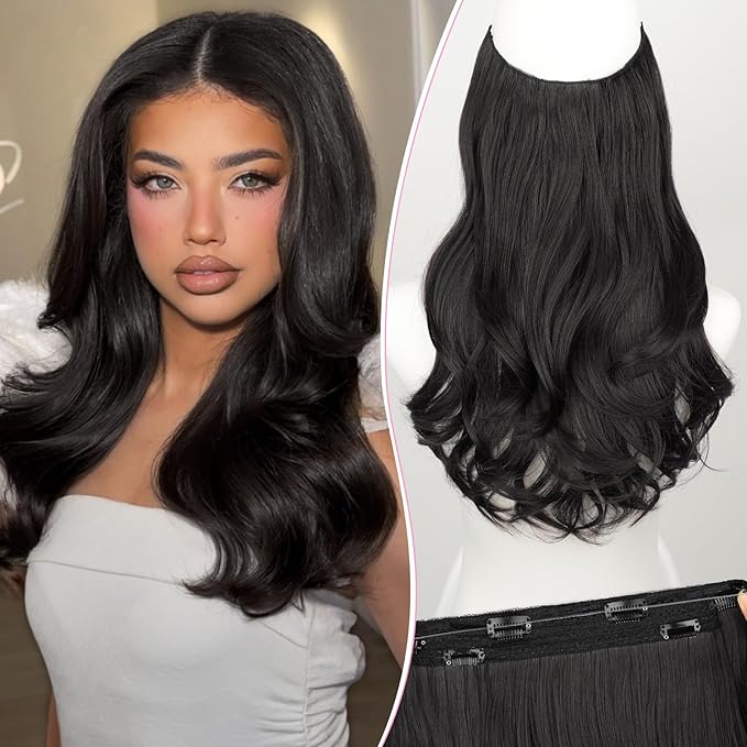 Invisible Wire Hair Extensions with Transparent Wire Adjustable Size 4 Secure Clips Long Wavy Secret Hairpiece 16 Inch for Women(Natural Black)