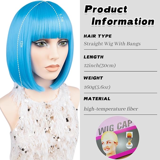 MAYSA Blue Bob Wig With Bangs Short Straight Bob Wigs 12Inch Synthetic Colorful Cosplay Daily Party Neon Wigs for White Women # Light Blue