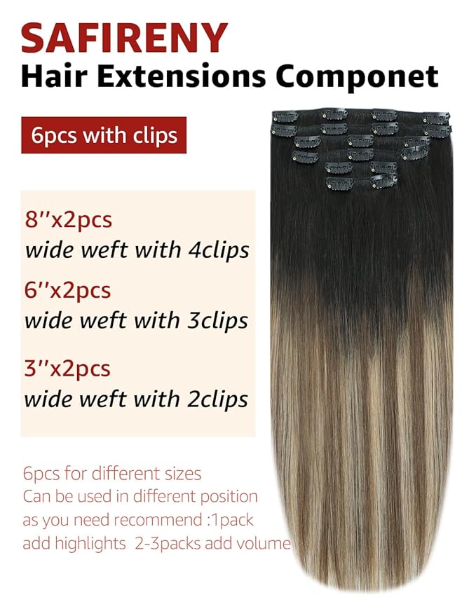 Clip in Hair Extensions Real Human Hair, 18 Inch 120g,Natural Black Roots Chocolate Brown With Caramel Blonde, Clip On Hair Extensions 6pcs Per Set with 18 Clips(#1B/4/27,18")