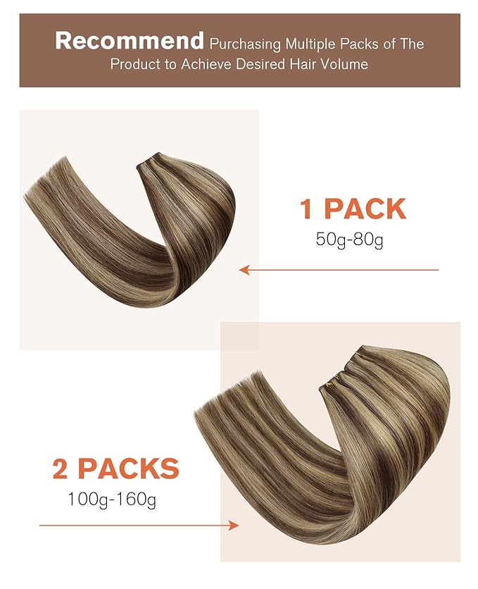 Sunny Hair Genius Weft Hair Extensions Human Hair Dark Brown Highlights Caramel Blonde Sew in Human Hair Extensions Hand Tied Weft Remy Hair Extensions Sew in Genius Weft Extensions 16inch