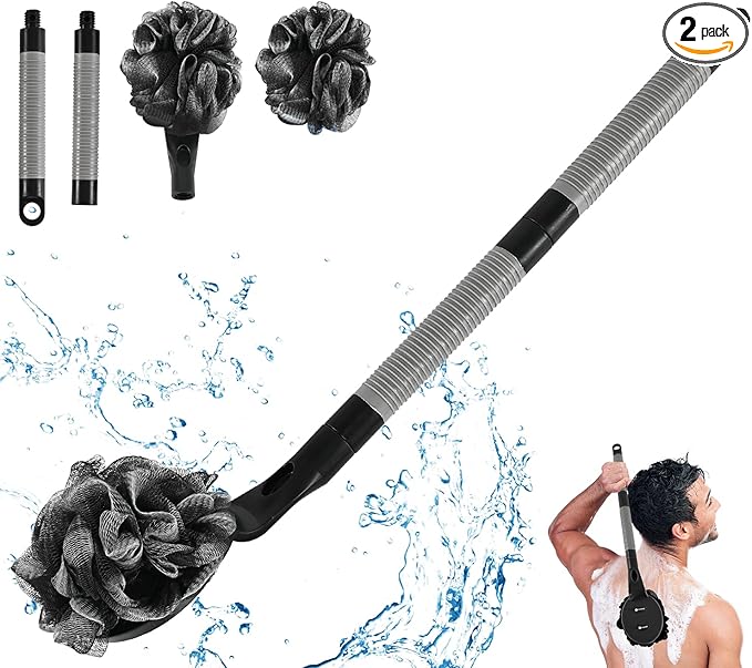Loofah with Handle, 21.7” Detachable Loofah Back Scrubber, Back Loofah, Exfoliation and Improved Skin Health, Shower Loofah for Shower for Men Women（Black）