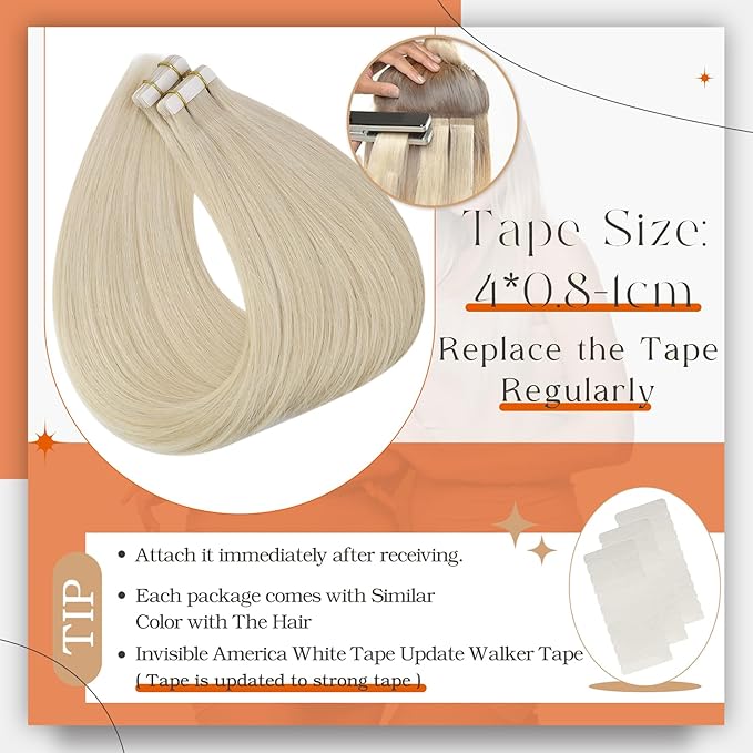 Full Shine Tape in Extensions 20 Inch Hair Extensions Real Human Hair Tape in Double Sided Seamless PU Human Skin Weft Color 613 Bleach Blonde Real Remy Extension 50G 20Pcs Natural Straight