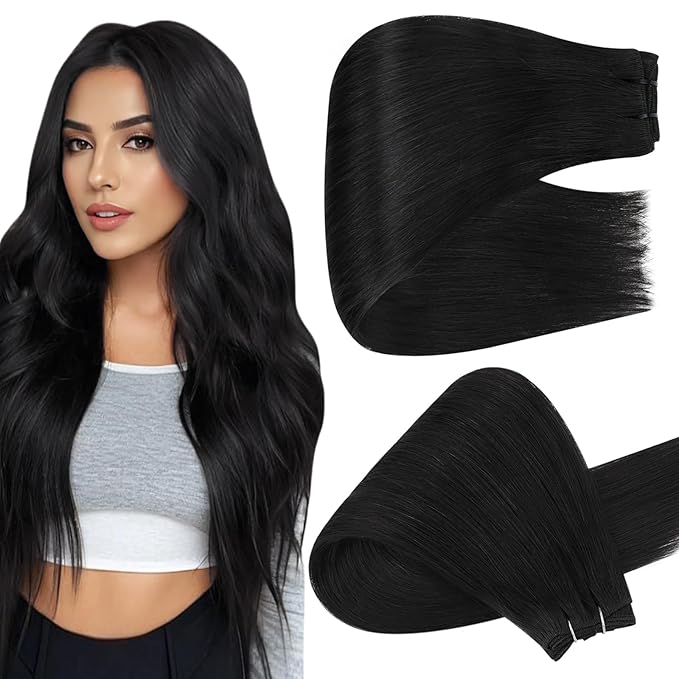 Full Shine Weft Hair Extensions Human Hair Color Jet Black Human Hair Bundles For Women 22 Inch Hair Extensions Sew In Real Hair Invisible Sew In Extensions Soft Silky Hair 130 Grams