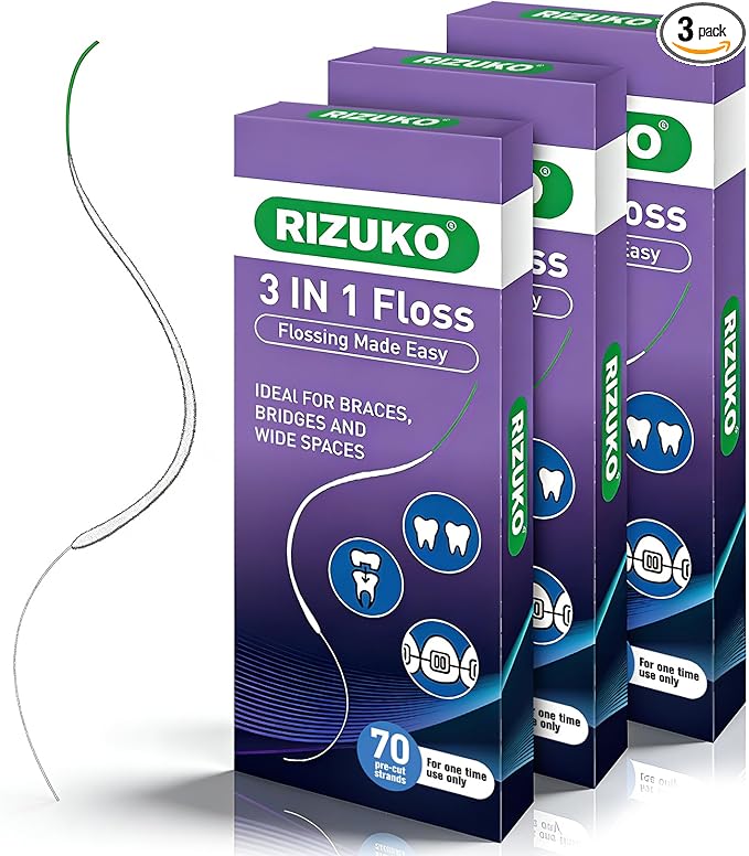 Dental Floss for Braces, 3-in-1 Dental Floss for Bridges, Implants, Deep Cleaning 70 Pre-Cut Strands (Pack of 3)
