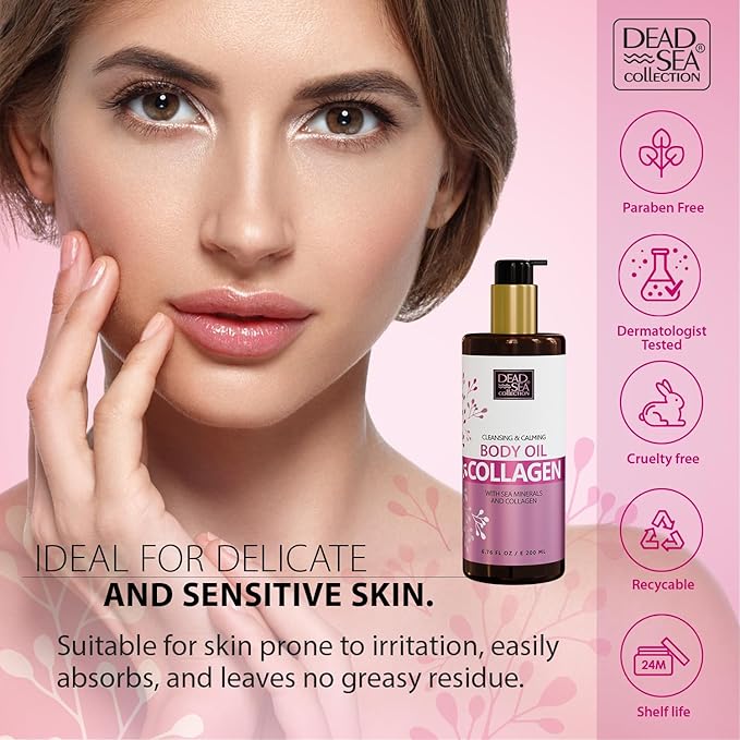 Dead Sea Collection Collagen Body Oil for Dry Skin – Moisturizing & Hydrating Skin Oil with Vitamin E and Blend of Almond, Grape, Olive, Wheat Germ Oil – Soothing & Nourishing Skin Care – 6.76 oz